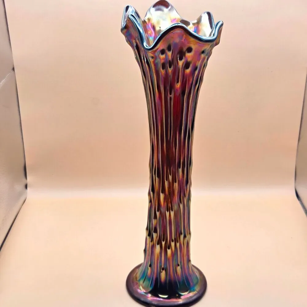 Iridescent Art Glass Ruffled Trumpet Vase Glossy Purple Multicolor 11